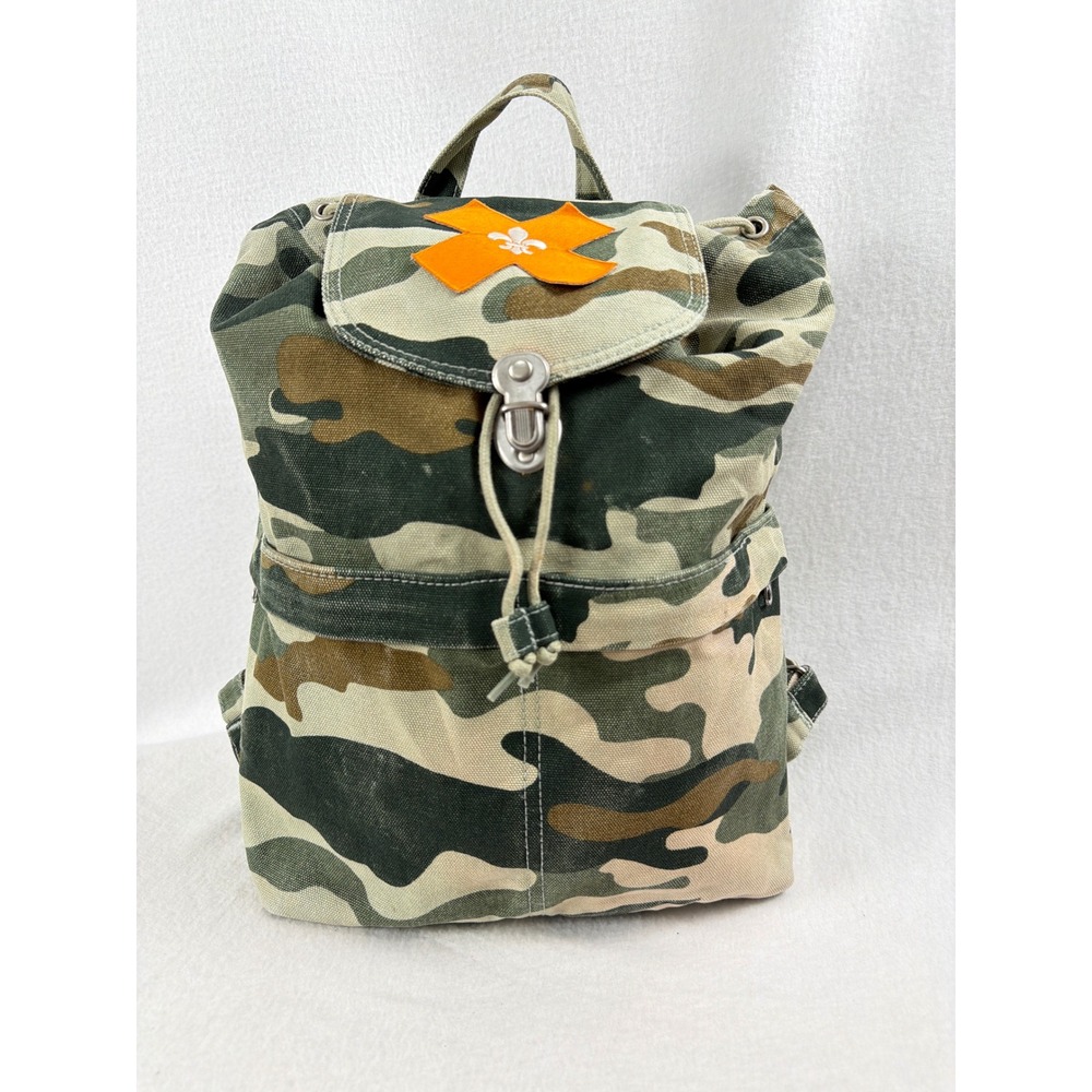 BAGGU Camo Recycled Cotton Canvas Backpack Rucksack Fleur de Lis Orange Patch